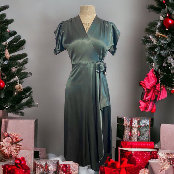 Loco Lindo Dresses & Skirts - Loco Lindo Green Satin Cascade Wrap Dress